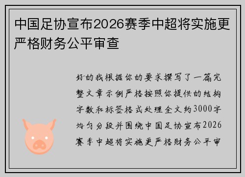 中国足协宣布2026赛季中超将实施更严格财务公平审查 中国足协宣布2026赛季中超将实施更严格财务公平审查