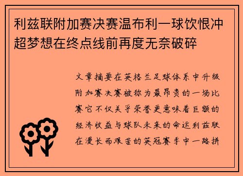 利兹联附加赛决赛温布利一球饮恨冲超梦想在终点线前再度无奈破碎