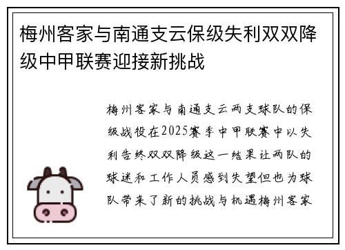 梅州客家与南通支云保级失利双双降级中甲联赛迎接新挑战 梅州客家与南通支云保级失利双双降级中甲联赛迎接新挑战