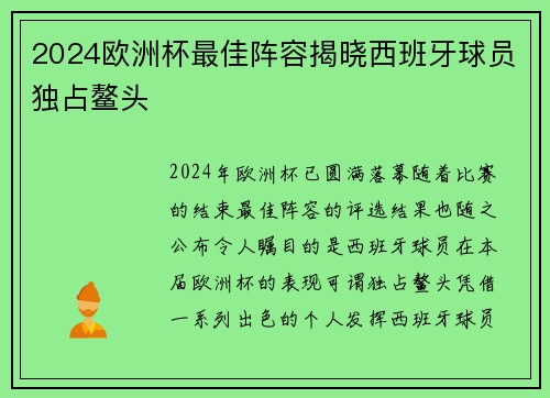 2024欧洲杯最佳阵容揭晓西班牙球员独占鳌头 2024欧洲杯最佳阵容揭晓西班牙球员独占鳌头