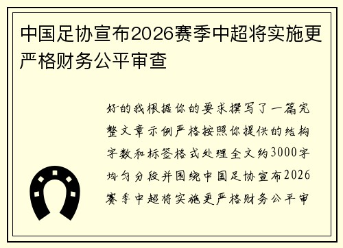 中国足协宣布2026赛季中超将实施更严格财务公平审查 中国足协宣布2026赛季中超将实施更严格财务公平审查